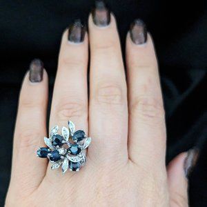 Vintage Diamonds Sapphires 14k White Gold Cocktail Cluster Ring Floral Retro